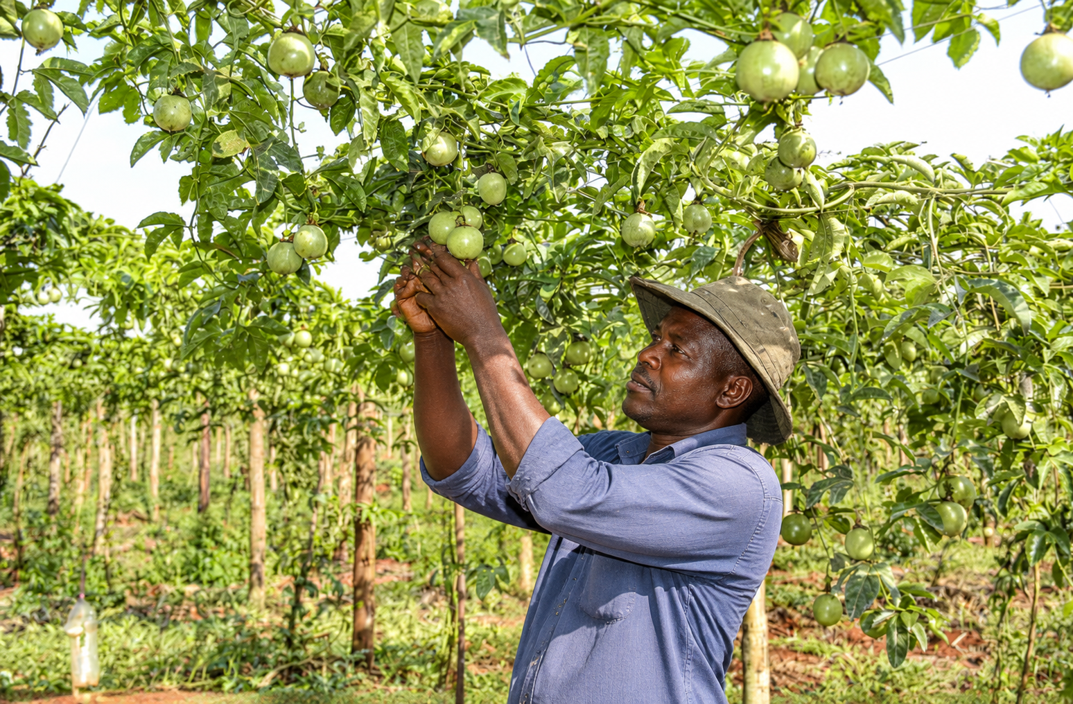 Produtor examinando frutos e folhas do maracujazeiro