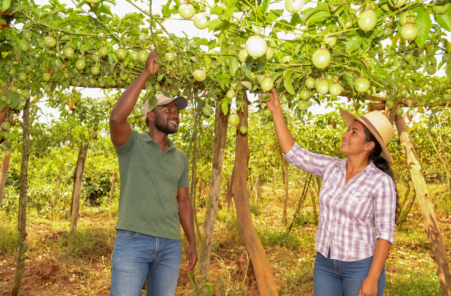 Produtores conduzindo os ramos do maracujazeiro na espaldeira