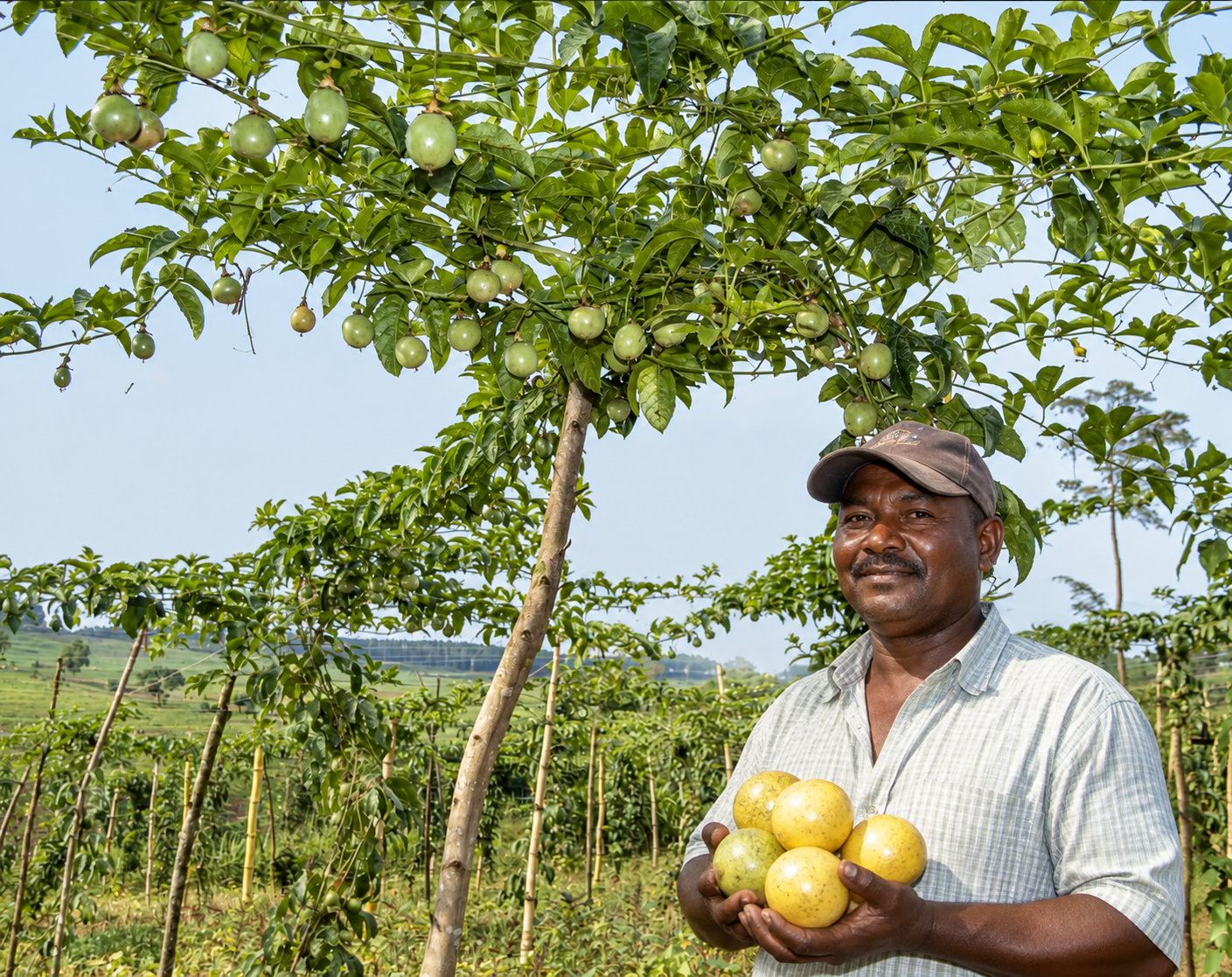 Produtor acompanhando lavoura de maracujá conduzida e com frutos