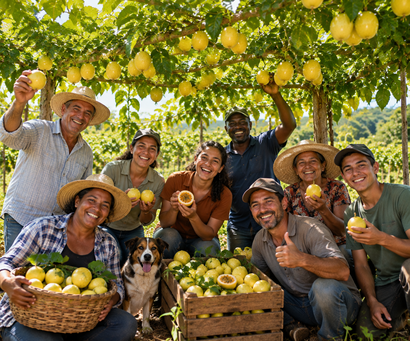 Produtor rural sob espaldeira de maracujá carregada de frutos
