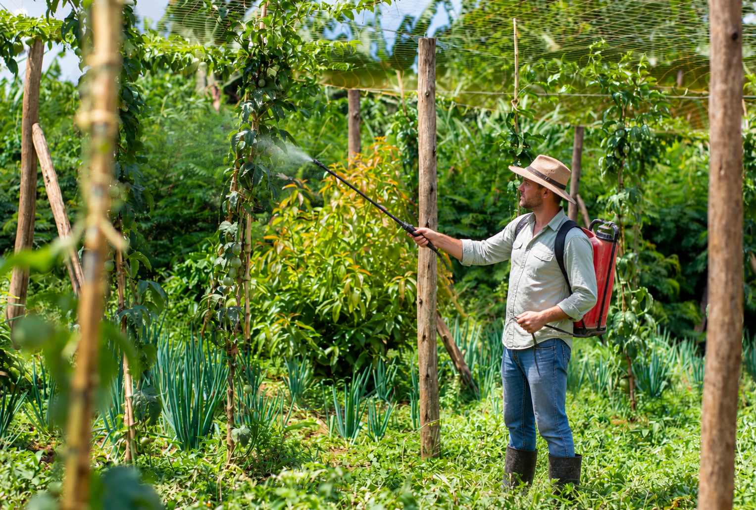 Produtor realizando manejo na lavoura de maracujá